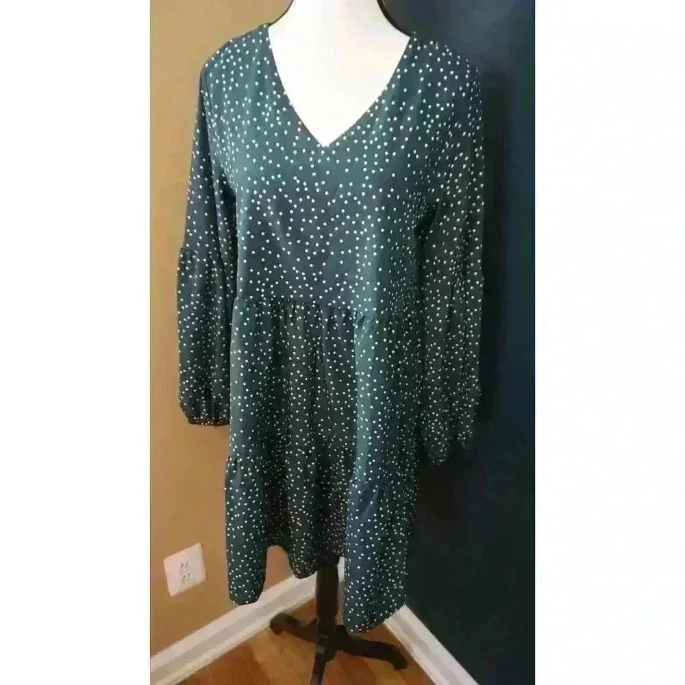 Women's Green White Polka Dot Long Sleeve Dress, Size S